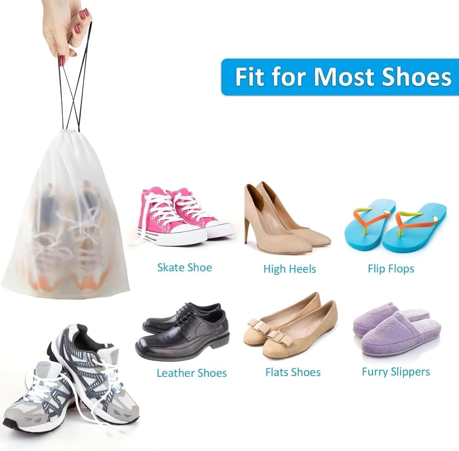 10 PCS Waterproof Travel Drawstring Shoe Bags, 11.8” x 15.7” Large Clear Plastic Shoe Storage Bags, Bulk Packing Organizers for Travel Essentials, Laundry, Cosmetics, and Home Storage (Translucent)