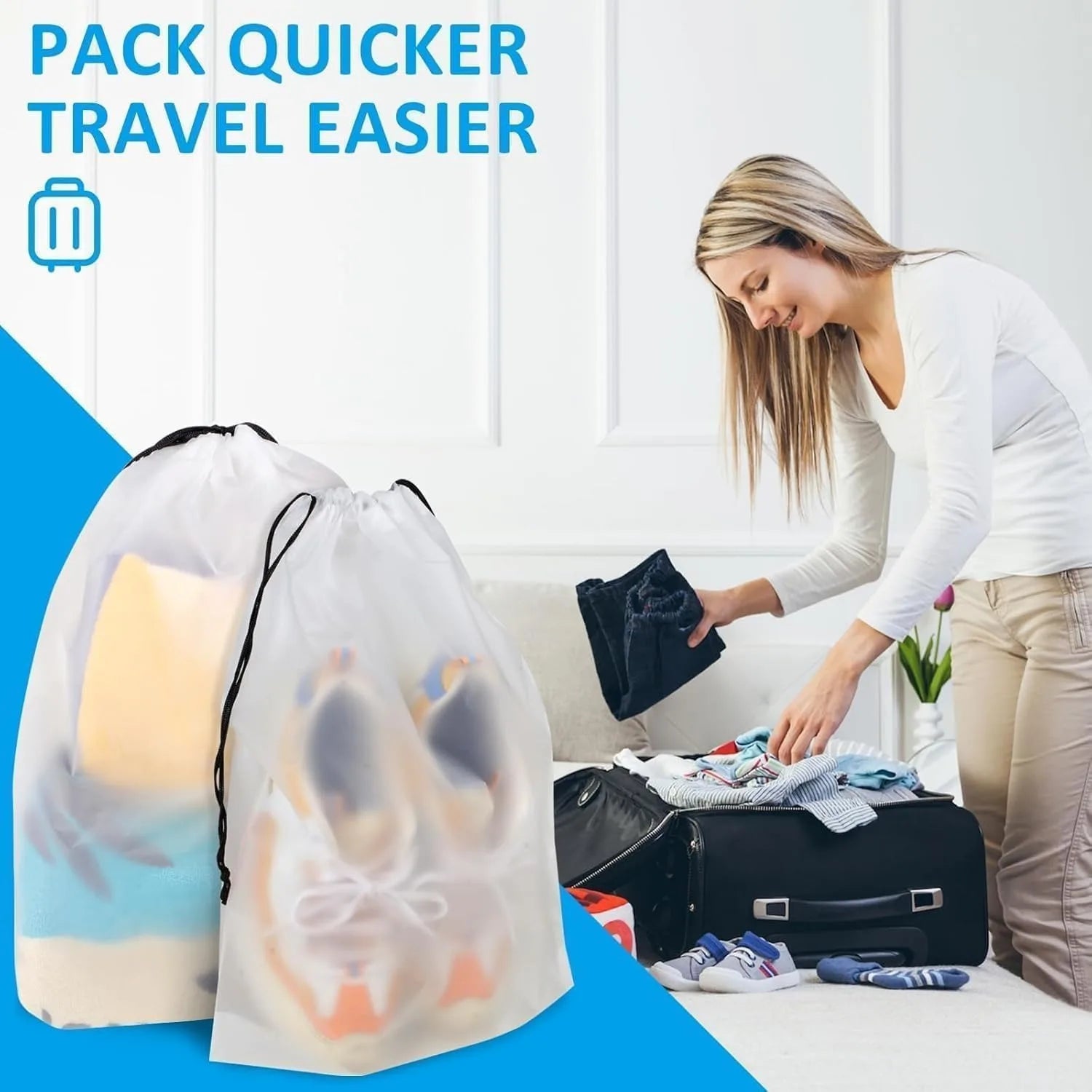 10 PCS Waterproof Travel Drawstring Shoe Bags, 11.8” x 15.7” Large Clear Plastic Shoe Storage Bags, Bulk Packing Organizers for Travel Essentials, Laundry, Cosmetics, and Home Storage (Translucent)