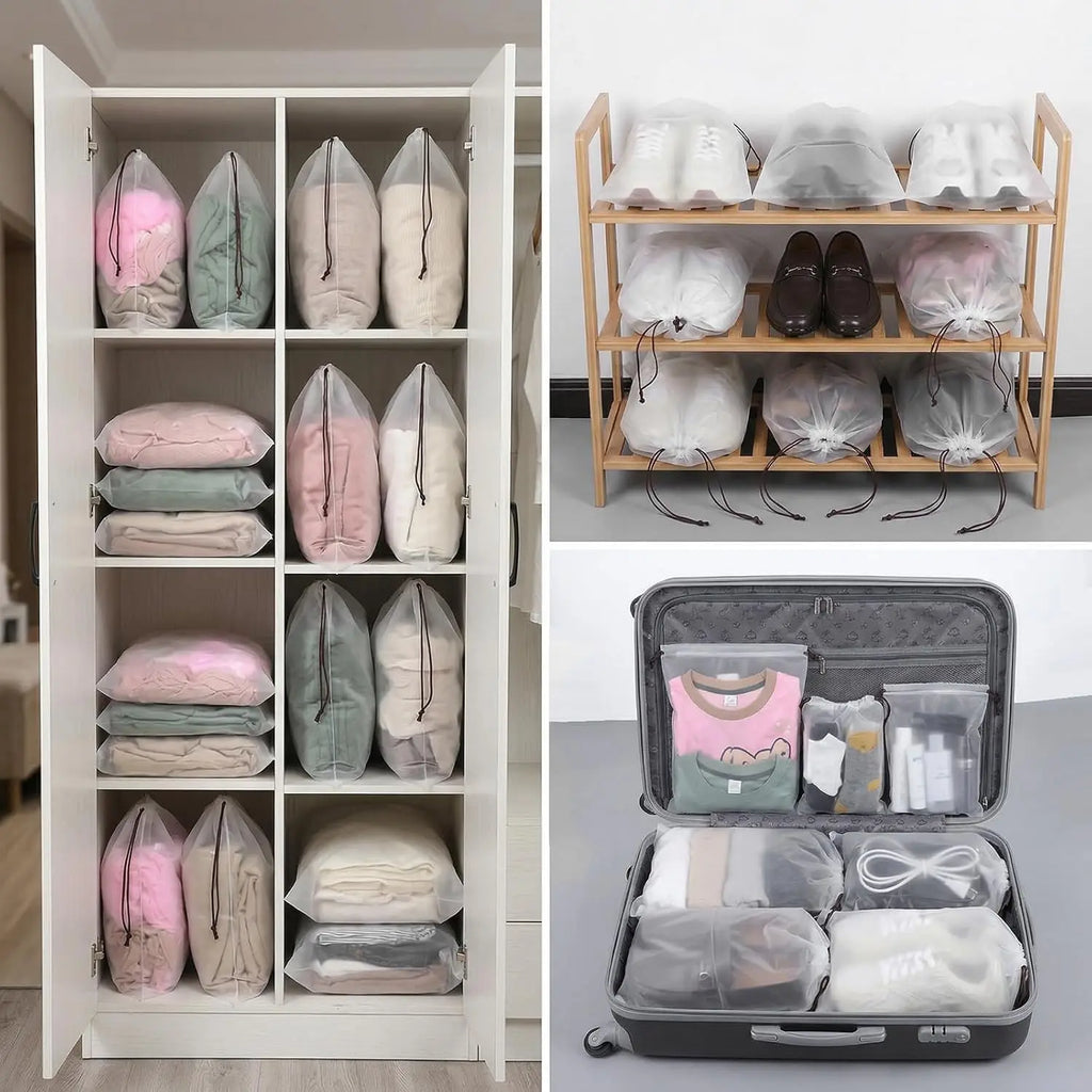 10 PCS Waterproof Travel Drawstring Shoe Bags, 11.8” x 15.7” Large Clear Plastic Shoe Storage Bags, Bulk Packing Organizers for Travel Essentials, Laundry, Cosmetics, and Home Storage (Translucent)