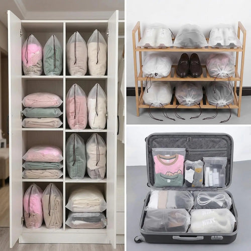 10 PCS Waterproof Travel Drawstring Shoe Bags, 11.8” x 15.7” Large Clear Plastic Shoe Storage Bags, Bulk Packing Organizers for Travel Essentials, Laundry, Cosmetics, and Home Storage (Translucent)